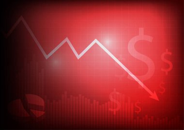 Vektör: kırmızı bir arka plan üzerinde dolar işareti olan iş grafik azalan