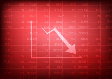 Vektör: ok ve iş grafik üzerinde kırmızı arka plan ile stok yönetim kurulu azalan