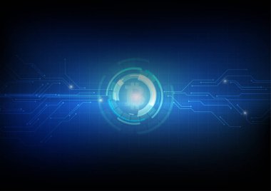 Vektör: Mavi arka plan bitcoin sembolü içinde elektronik devre