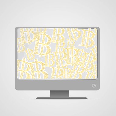 Vektör: Elektronik devre içinde bilgisayar monitörü bitcoin sembolü