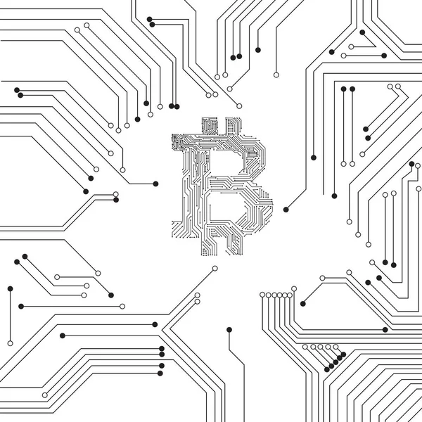 Vektor Elektronikus Áramkör Belül Bitcoin Szimbólum Elektronikus Áramkör Háttérrel — Stock Vector