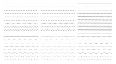 Farklı ince ve dalgalı ince çizgide vektör koleksiyonu. Büyük yatay dalgalı, kıvrımlı ve zig zag çapraz. Grafik tasarım ögeleri