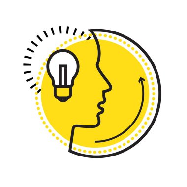 Büyük fikir kavramı. Siluet insan kafası ve ampul vektör çizimi. Yaratıcı düşünme ve hayal gücü çizgisi ikonu. Kararların nesli, aydınlanma.