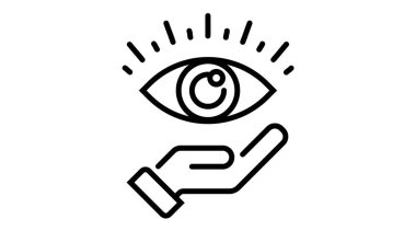 El, Göz simgesini tutuyor. Çizgi Vektörü illüstrasyonu. Siber görüş izole bir element. İş dünyasındaki strateji metaforu