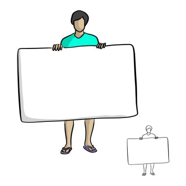 adam rahatlatıcı bez ve vektör illüstrasyon kroki elle izole beyaz arka plan üzerinde siyah çizgilerle çizilmiş doodle büyük boş işaret tutan terlik