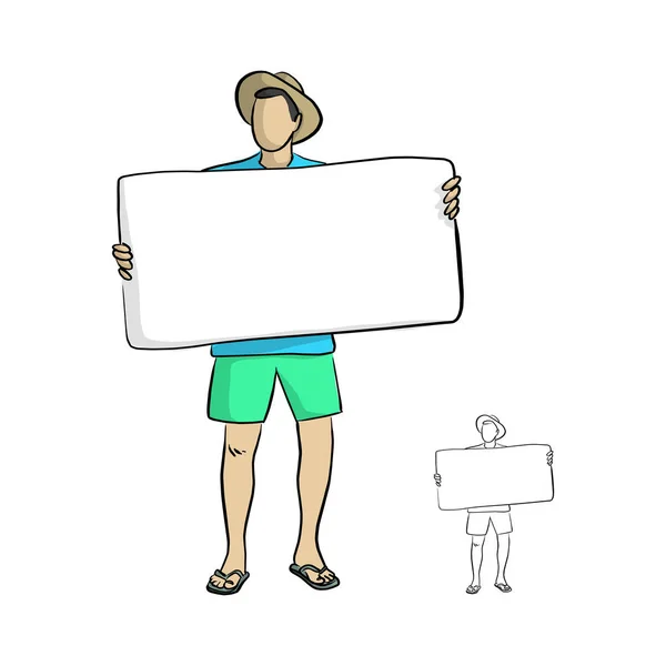 Чоловік Розслаблюючою Пляжною Тканиною Тримає Великий Порожній Знак Векторні Ілюстрації — стоковий вектор