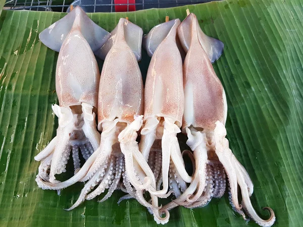 Tintenfische Auf Bananenblatt Zum Grillen Auf Dem Thailändischen Markt — Stockfoto