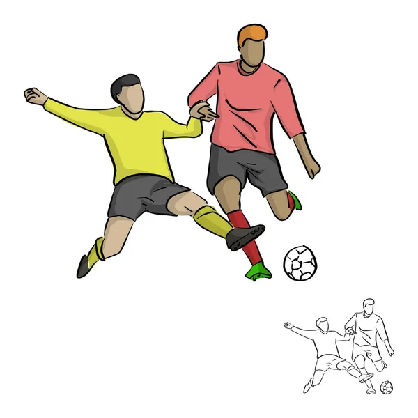 Dois Jogadores Futebol Lutando Por Uma Bola Vetor Ilustração Esboço — Vetor de Stock