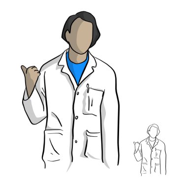Doktor beyaz elbise doodle elle izole beyaz arka plan üzerinde siyah çizgilerle çizilmiş kroki bir başparmak vektör çizim arka işaret eden bir jest yapma