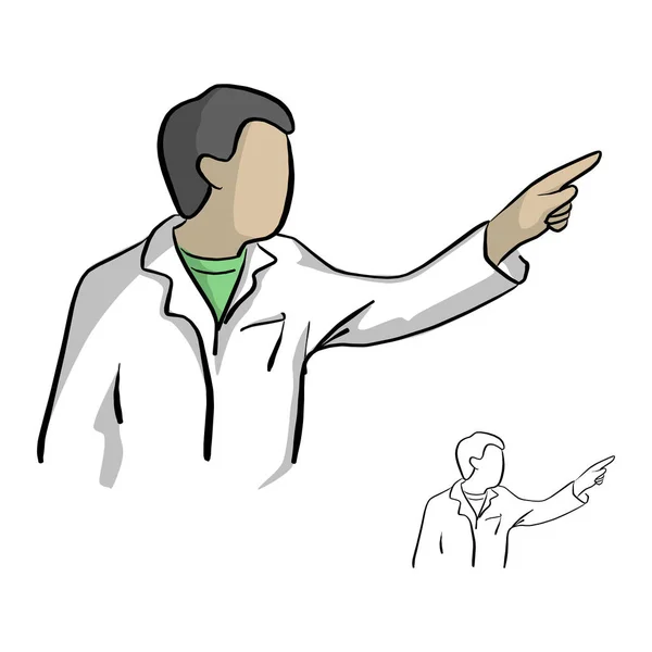医生或科学家指着右手矢量插图素描草图手绘与黑色线在白色背景下隔离画手 — 图库矢量图片
