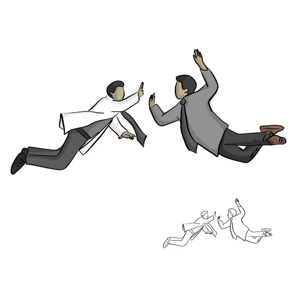 Due Uomo Affari Saltare Cinque Nel Vettore Aereo Illustrazione Schizzo — Vettoriale Stock