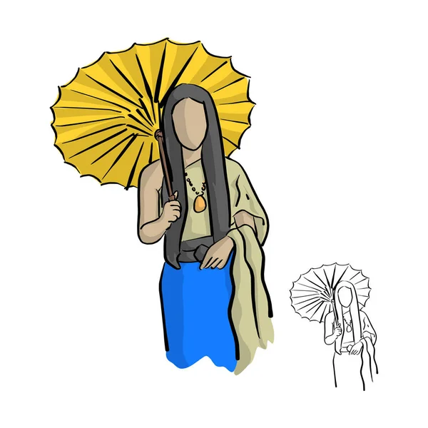 Asiatique Femme Portant Thai Style Traditionnel Tissu Avec Bois Jaune — Image vectorielle