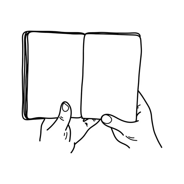 Close Mão Segurando Livro Com Páginas Branco Vetor Ilustração Esboço — Vetor de Stock
