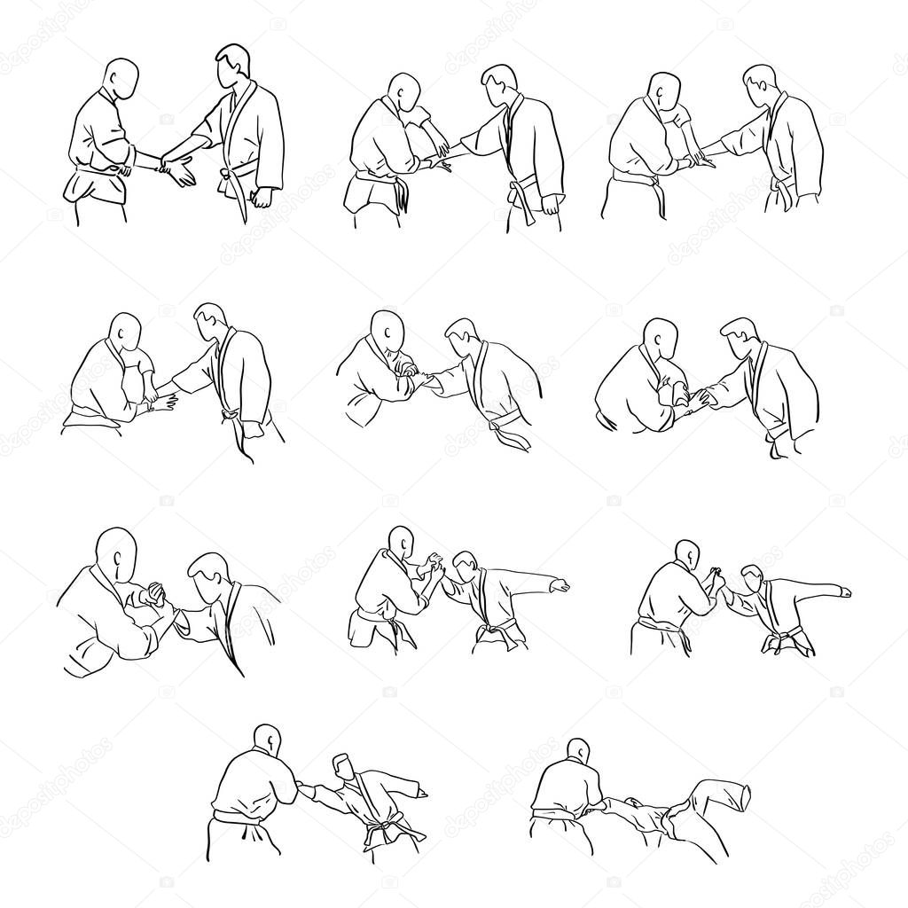 martial arts with hand lock self defense vector illustration sketch doodle hand drawn with black lines isolated on white background. Step by step.