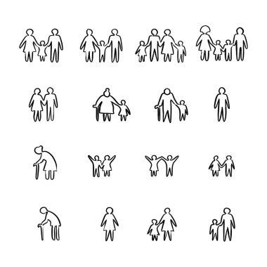 Aile Icon set vektör illüstrasyon kroki elle izole beyaz arka plan üzerinde siyah çizgilerle çizilmiş doodle