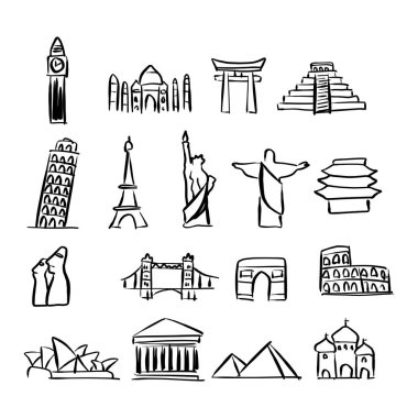 Dünya çapında ünlü simge kümesi simgesini illüstrasyon kroki doodle elle izole beyaz arka plan üzerinde siyah çizgilerle çizilmiş vektör