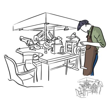 Kuyumcu mücevher dükkanı vektör illüstrasyon kroki doodle elle çizilmiş izole beyaz arka plan üzerinde siyah çizgiler ile çalışma