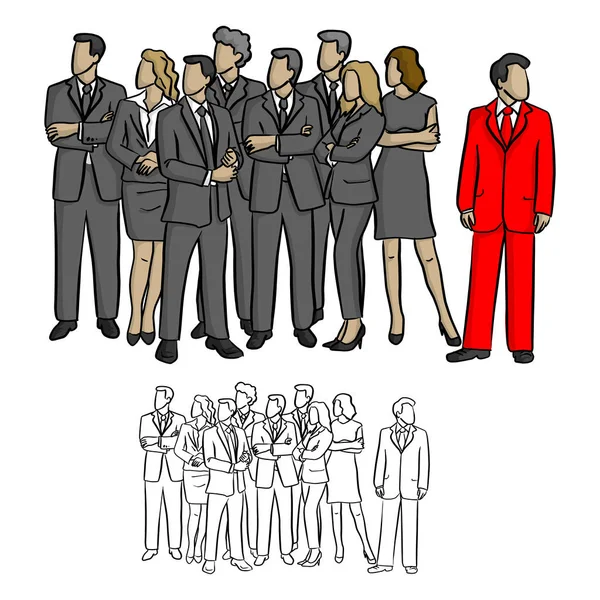Groep van mensen uit het bedrijfsleven op zoek aan de rechterkant, behalve in de rode pak vector illustratie schets doodle hand getekend met zwarte lijnen geïsoleerd op witte achtergrond — Stockvector