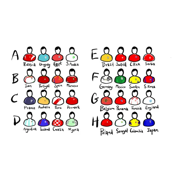 Conjunto de jogadores de futebol vestindo equipe jersey no grupo A - H ilustração vetorial esboço doodle mão desenhada com linhas pretas isoladas em fundo branco — Vetor de Stock