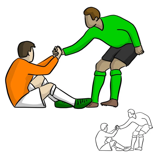 Férfi Futballista Egymást Segítve Játék Vektoros Illusztráció Vázlat Doodle Kézzel — Stock Vector