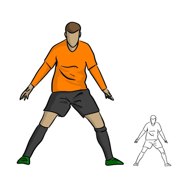 Mannelijk Voetbal Speler Vieren Doel Een Voetbalveld Tijdens Wedstrijd Vectorillustratie — Stockvector