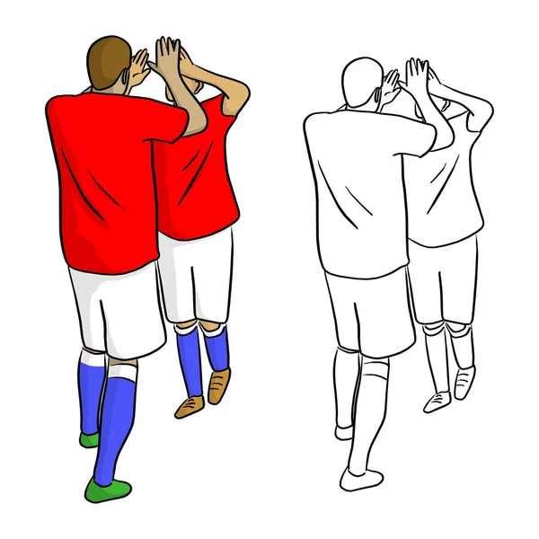 サッカー選手のチーム メンバーを祝うゲーム ベクトル イラスト スケッチ中目標落書き白い背景で隔離の黒い線で描かれた手後 — ストックベクタ