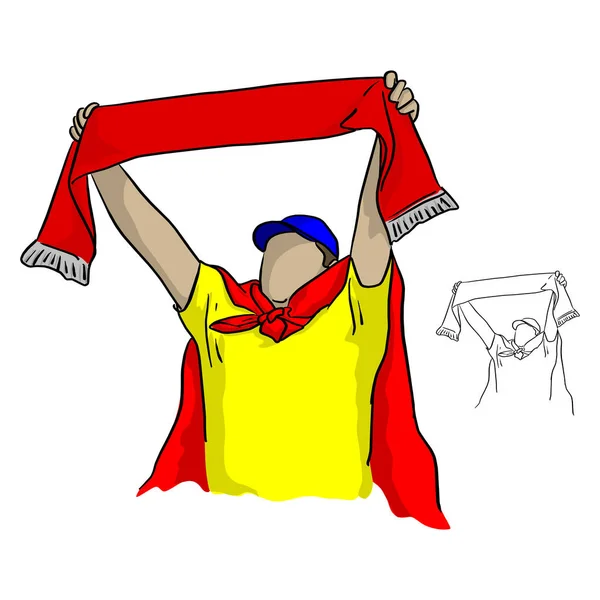 Ventilador Fútbol Masculino Gordo Sosteniendo Una Bufanda Roja Animando Ilustración — Archivo Imágenes Vectoriales