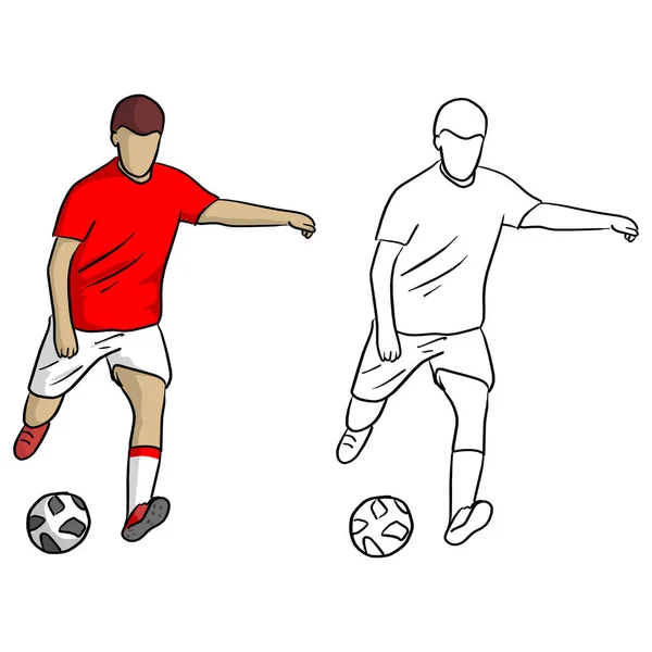 Mannelijke Speler Schieten Voetbal Voor Doel Vectorillustratie Sketch Doodle Hand — Stockvector