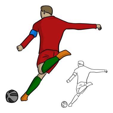 Sol ayak vektör illüstrasyon kroki ile topu elle beyaz arka plan üzerinde siyah çizgiler izole çizilmiş doodle erkek futbol oyuncu atışı