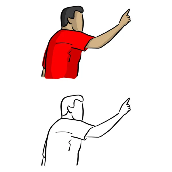 白い背景で隔離の黒い線で描かれた右のベクトル イラスト スケッチ落書き手を指す男性サッカー選手 — ストックベクタ