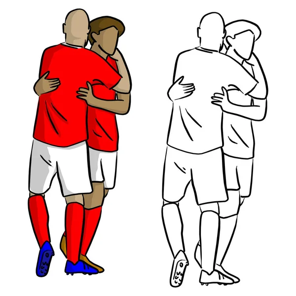 男性足球运动员庆祝目标与拥抱矢量插图素描涂鸦手画与黑色线隔离在白色背景上 — 图库矢量图片