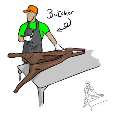 turuncu şapka izole beyaz arka plan üzerinde siyah çizgilerle çizilmiş büyük et vektör illüstrasyon kroki doodle el ile çalışma ile erkek kasap