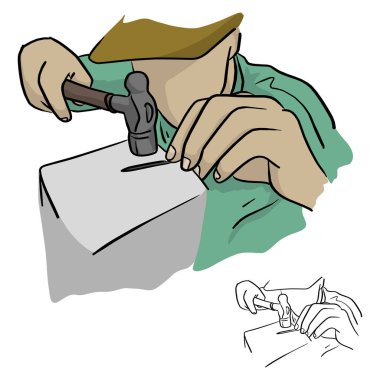 yakın çekim adam siyah çizgili beyaz arka plan üzerinde izole çivi düz vektör illüstrasyon kroki doodle elle çizilmiş yapmak bir çekiç kullanarak