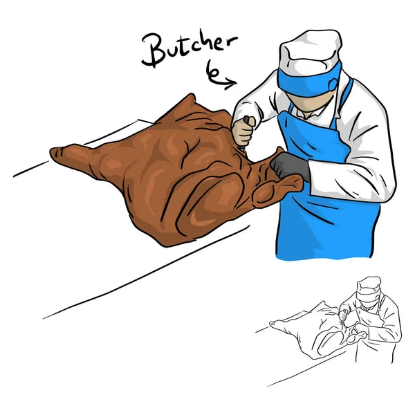 Male Butcher Working Big Pork Vector Illustration Sketch Doodle Hand — Stock Vector