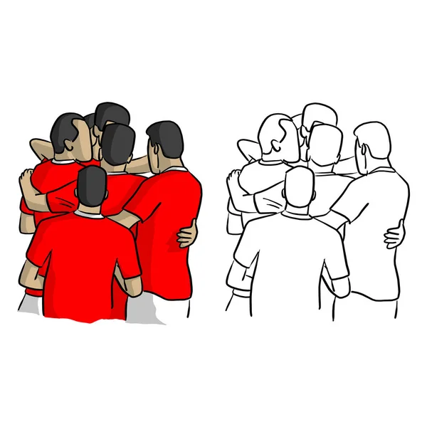 サッカー選手の目標の後を祝う赤ジャージ シャツ ベクトル イラスト スケッチ落書き手白い背景で隔離の黒い線で描かれました — ストックベクタ