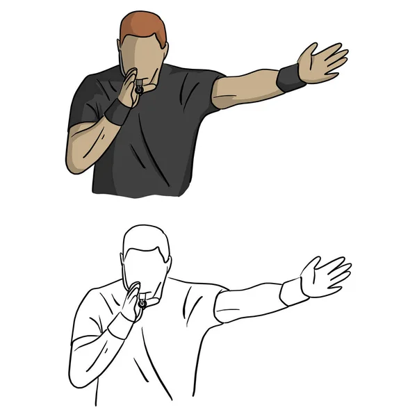 Αρσενικό Διαιτητής Μαύρο Φανελάκι Φυσώντας Ένα Σκίτσο Εικονογράφηση Διάνυσμα Σφύριγμα — Διανυσματικό Αρχείο