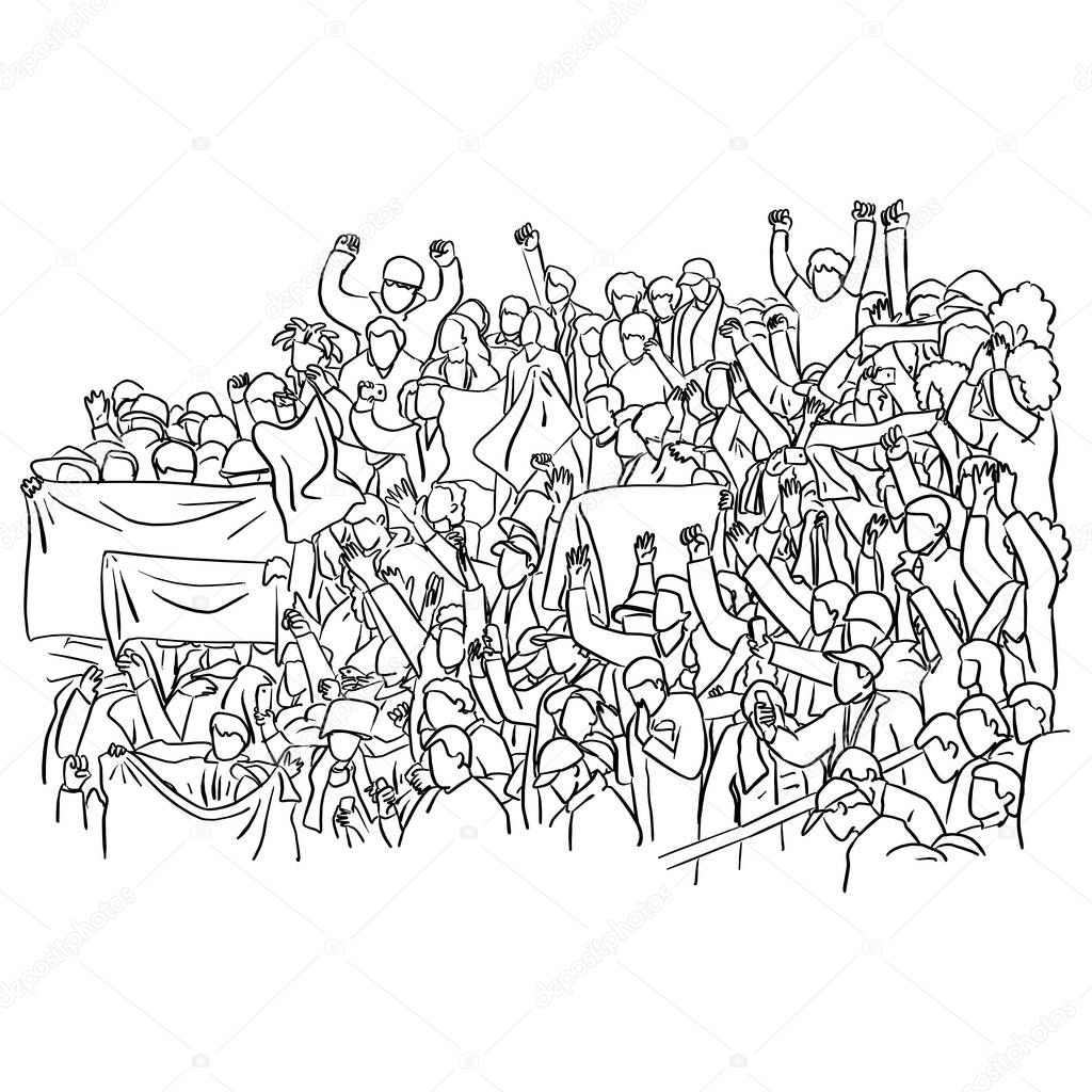 Group of fans cheer for their soccer team victory on a stadium bleachers vector illustration sketch doodle hand drawn with black lines isolated on white background