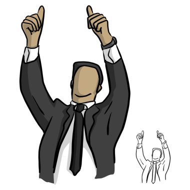 Onun baş vektör çizim üzerinde iki başparmak gösterilmesini işadamı doodle elle izole beyaz arka plan üzerinde siyah çizgilerle çizilmiş kroki