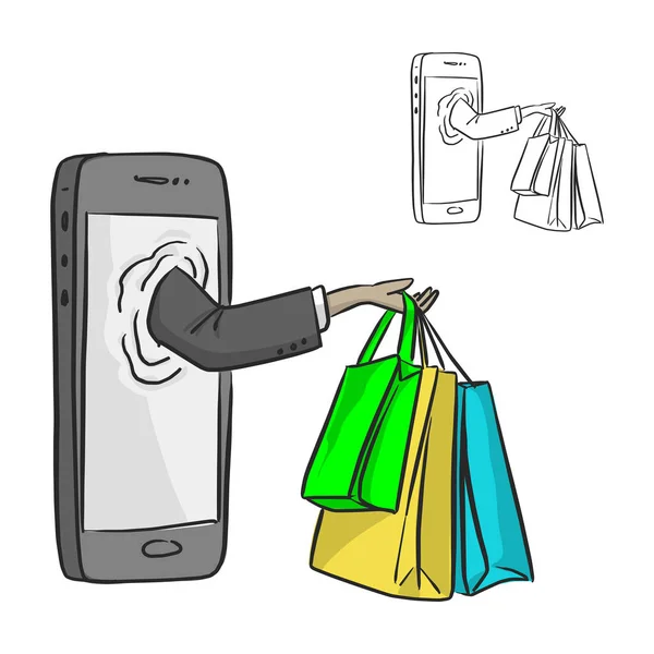 Mano Uomo Affari Con Shopping Bags Smartphone Schermo Vettoriale Illustrazione — Vettoriale Stock
