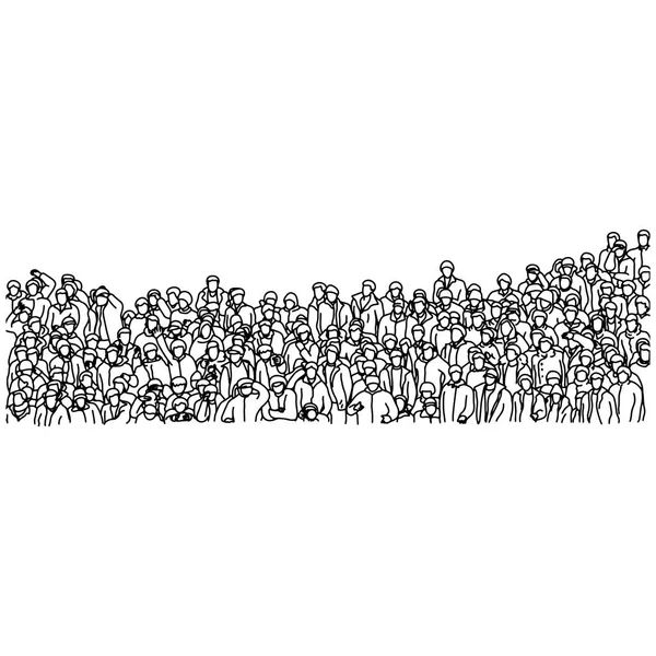 白い背景で隔離の黒い線で描かれた落書きの手をスケッチ サッカー競争ベクトル図を見てスタジアムに立つ人々 の群衆 — ストックベクタ