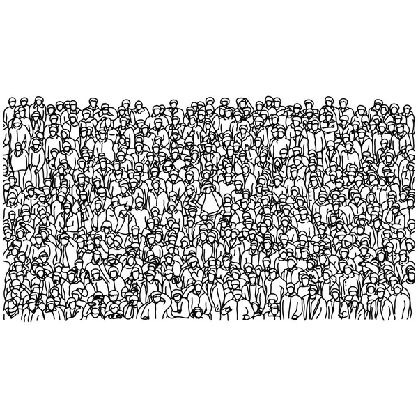 白い背景で隔離の黒い線で描かれた落書きの手をスケッチ チーム競争のベクトル図を見てスタジアムに立っているサッカー ファンの群衆 — ストックベクタ