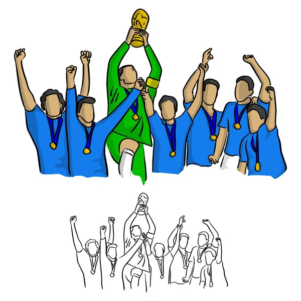 Ποδόσφαιρο Ομάδα Νικητής Στο Πουκάμισο Μπλε Jersey Κρατώντας Στόχος Trophy — Διανυσματικό Αρχείο