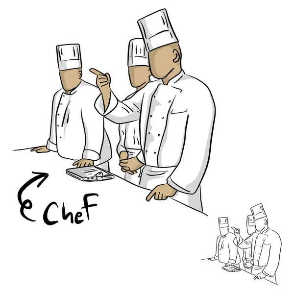 Squadra Chef Persone Una Cucina Vettore Illustrazione Schizzo Scarabocchio Mano — Vettoriale Stock