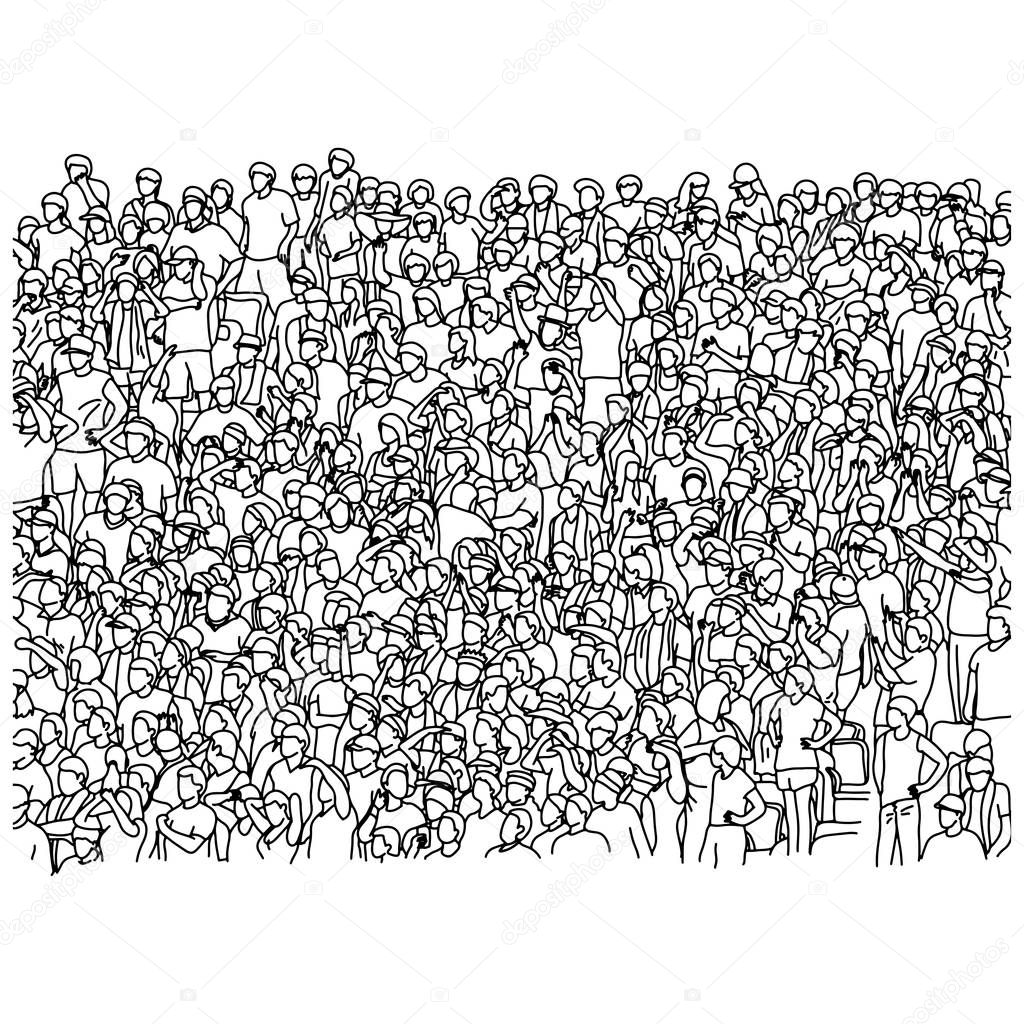 crowd of soccer fans cheering on stadium vector illustration sketch doodle hand drawn with black lines isolated on white background