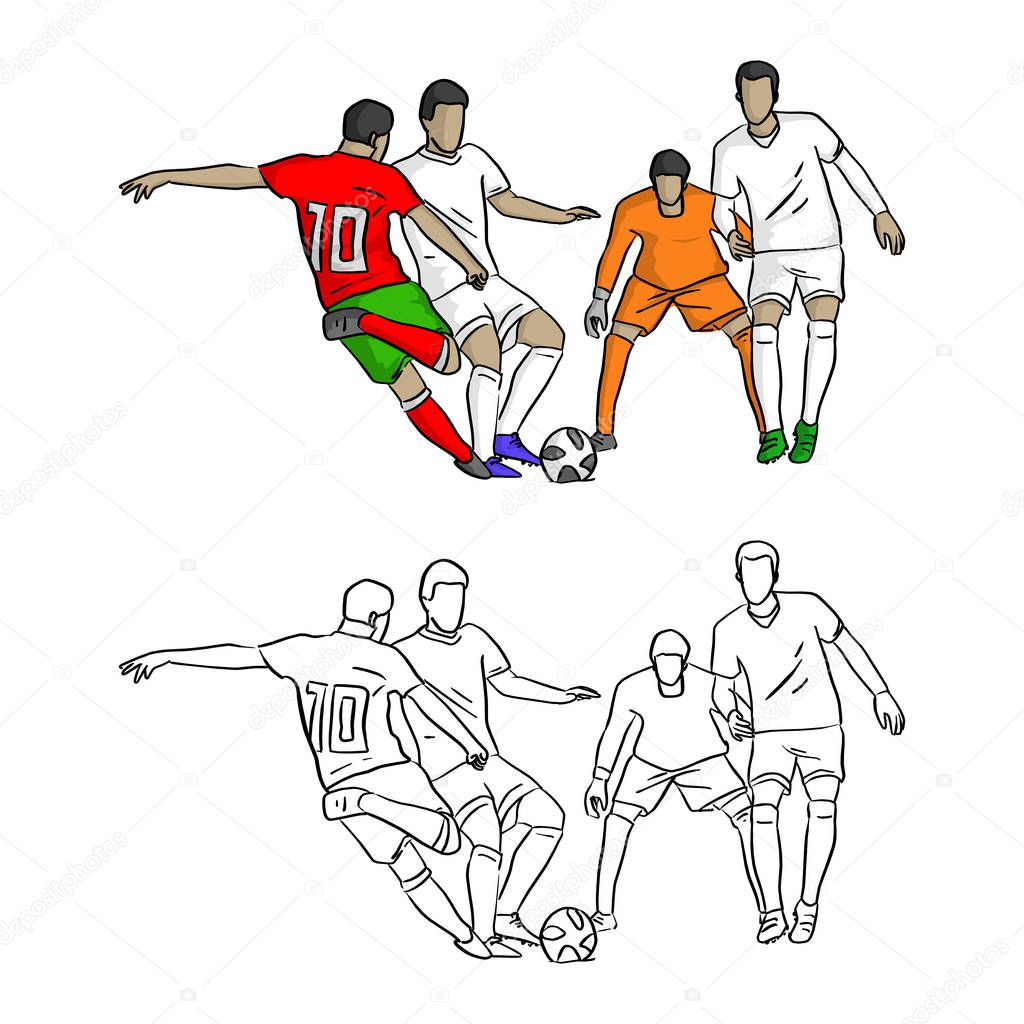 soccer player shooting a goal vector illustration sketch doodle hand drawn with black lines isolated on white background