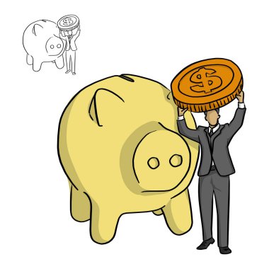 Beyaz arka plan üzerinde izole siyah çizgilerle çizilmiş büyük sarı kumbara vektör illüstrasyon kroki doodle el ile büyük para tutan bir iş adamı. İş kavramı.
