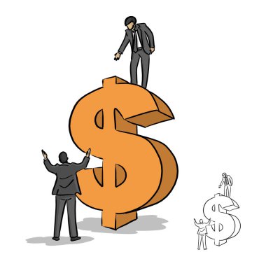 Ekibi bir turuncu dolar işareti vektör illüstrasyon kroki kadar yardım etmeye işadamı elle izole beyaz arka plan üzerinde siyah çizgilerle çizilmiş doodle. İş kavramı.