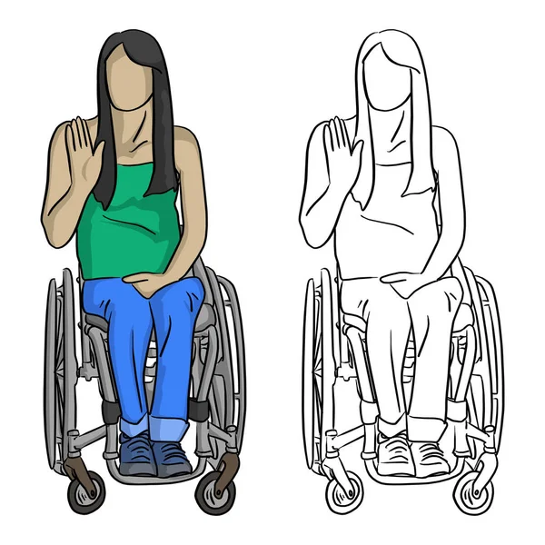 Frau Sitzt Rollstuhl Mit Handgesten Vektor Illustration Skizze Doodle Hand — Stockvektor
