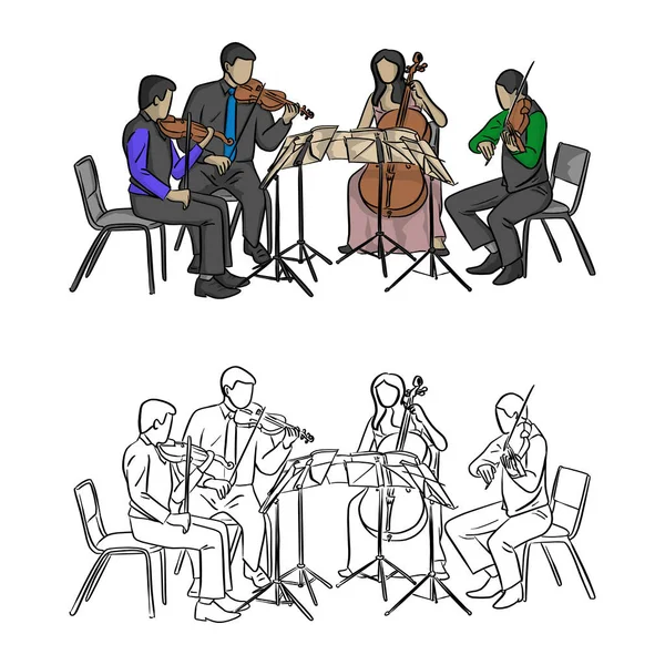 Grupo Músicos Tocando Vetor Quarteto Ilustração Esboço Doodle Mão Desenhada — Vetor de Stock