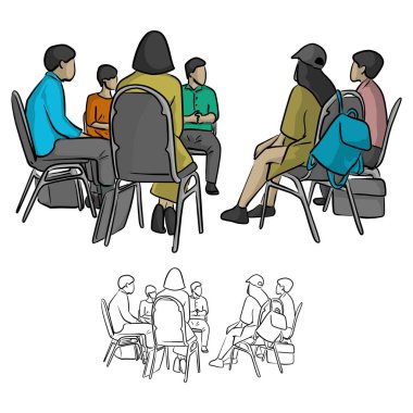 Danışman vektör illüstrasyon kroki doodle elle izole beyaz arka plan üzerinde siyah çizgilerle çizilmiş ile istişare sırasında bir daire içinde oturan genç grup
